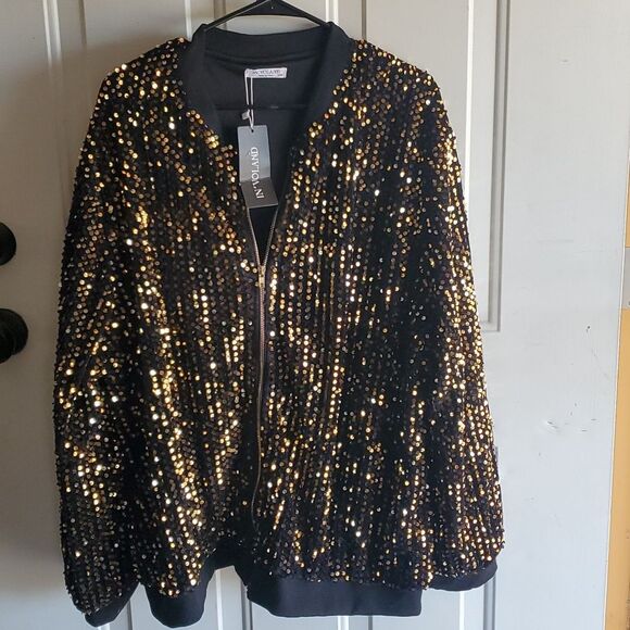 IN'VOLAND Plus Size Sequin Jacket – Black & Gold Sparkle, Full Zip, NEW - Picture 2 of 9